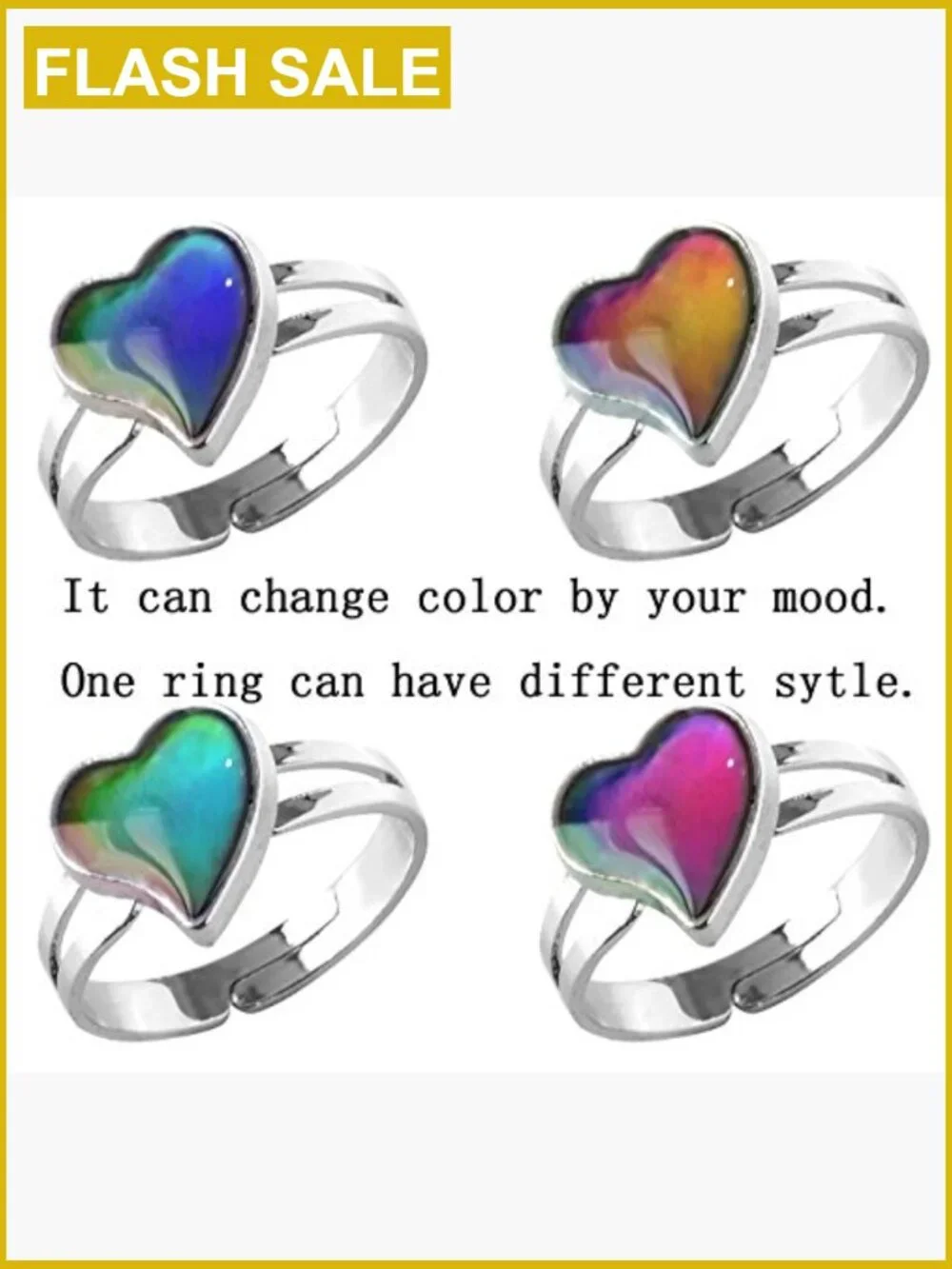 Mood Ring Heart Shaped Emotion Changing Ring 2 Pcs Adjustable